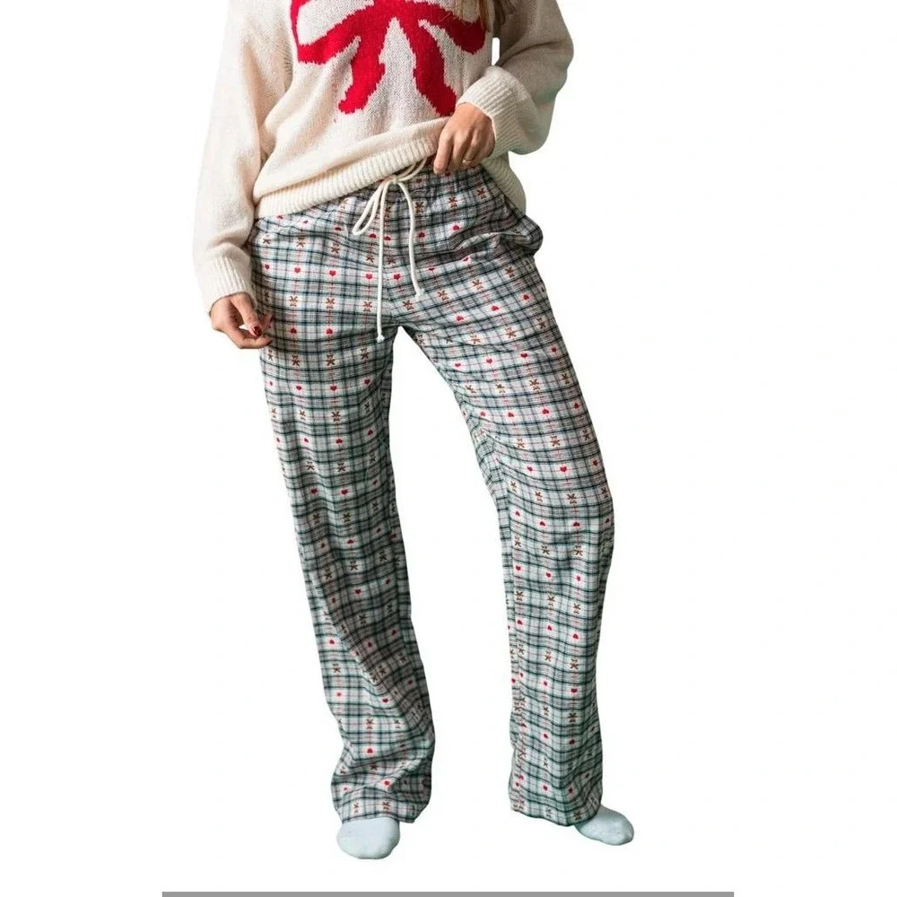 Things Between - Noelle Plaid Teddy Bear Pajama‎ Pants Large Cozy 100% Cotton
